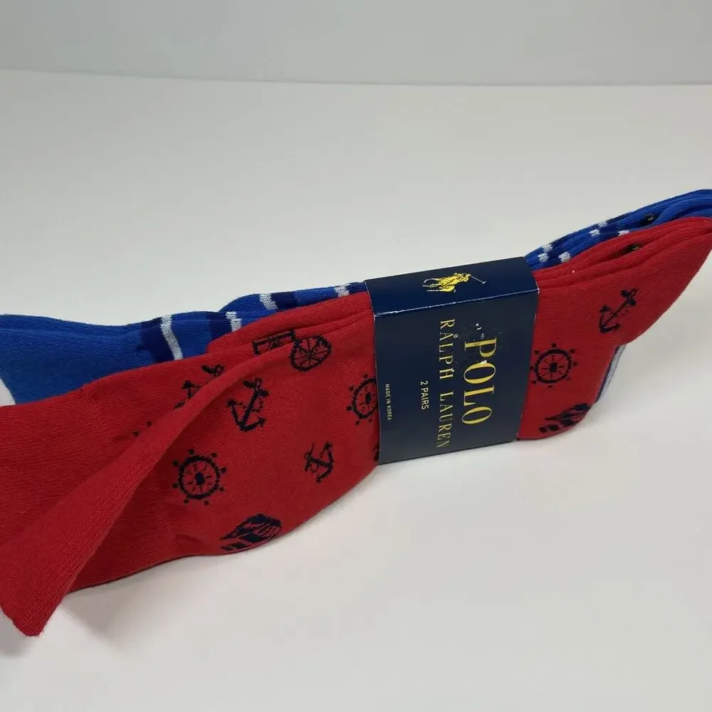Polo Ralph Lauren Men's 2 Pack Socks 10-13 Nautical Sailboat Anchor Red Blue New
